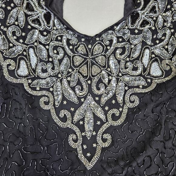VTG Laurence Kazar Beaded Silk Formal Dress L Embellished Sequin MOB 80s Black - Picture 10 of 16